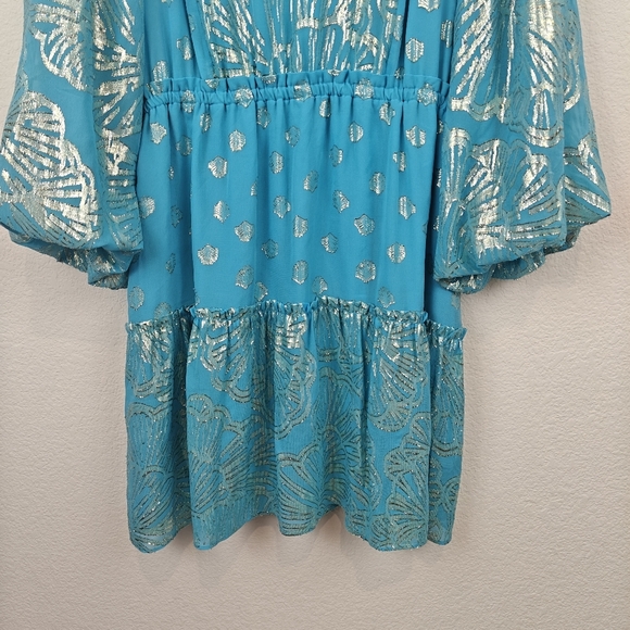 Lilly Pulitzer Nwot Joella Silk Mini Long Sleeve Metallic A Line Bermuda Blue 14 - Picture 5 of 16